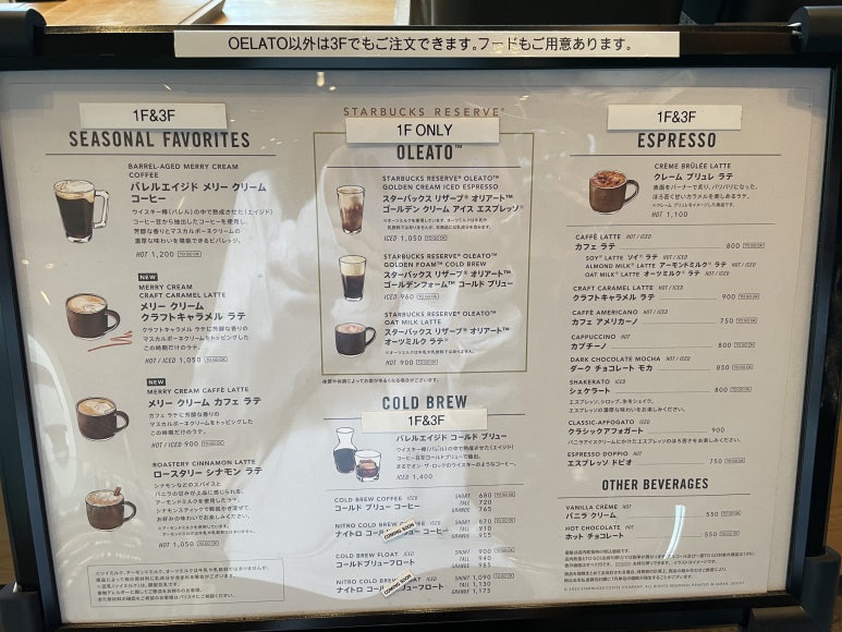 1階のコーヒーメニューボード