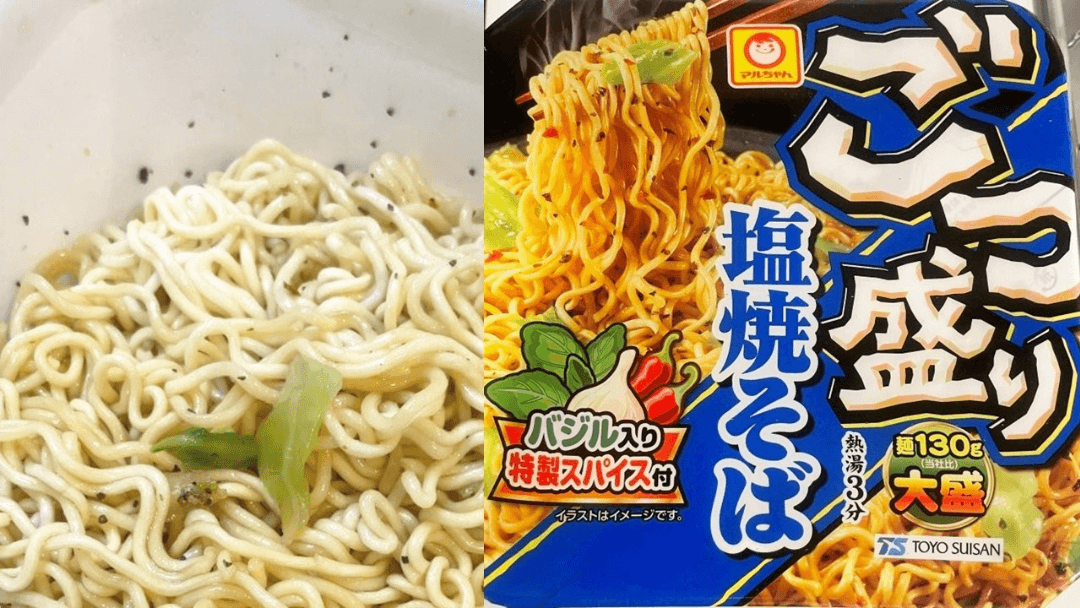 일본 도요스이산주식회사 마루찬 고츠모리 시오야키소바, 포장과 실제 조리된 컵라면 이미지