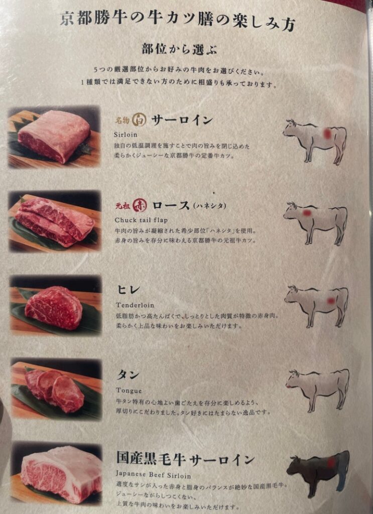 5가지 소고기 부위를 선택할 수 있는 규카츠 메뉴판 규카츠 교토 카츠규