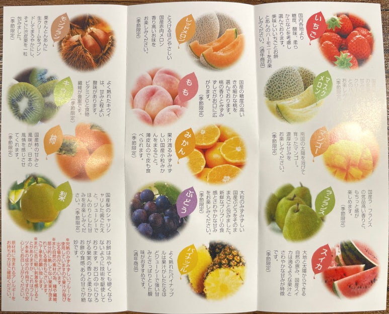 A brochure featuring Isshindo’s fruit daifuku lineup