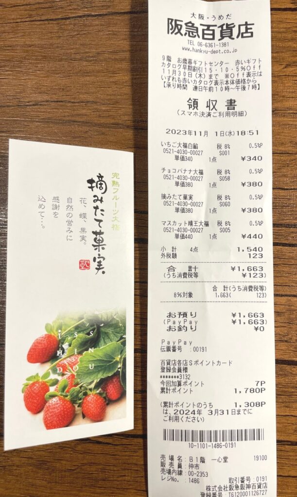 A purchase receipt for daifuku from Isshindo