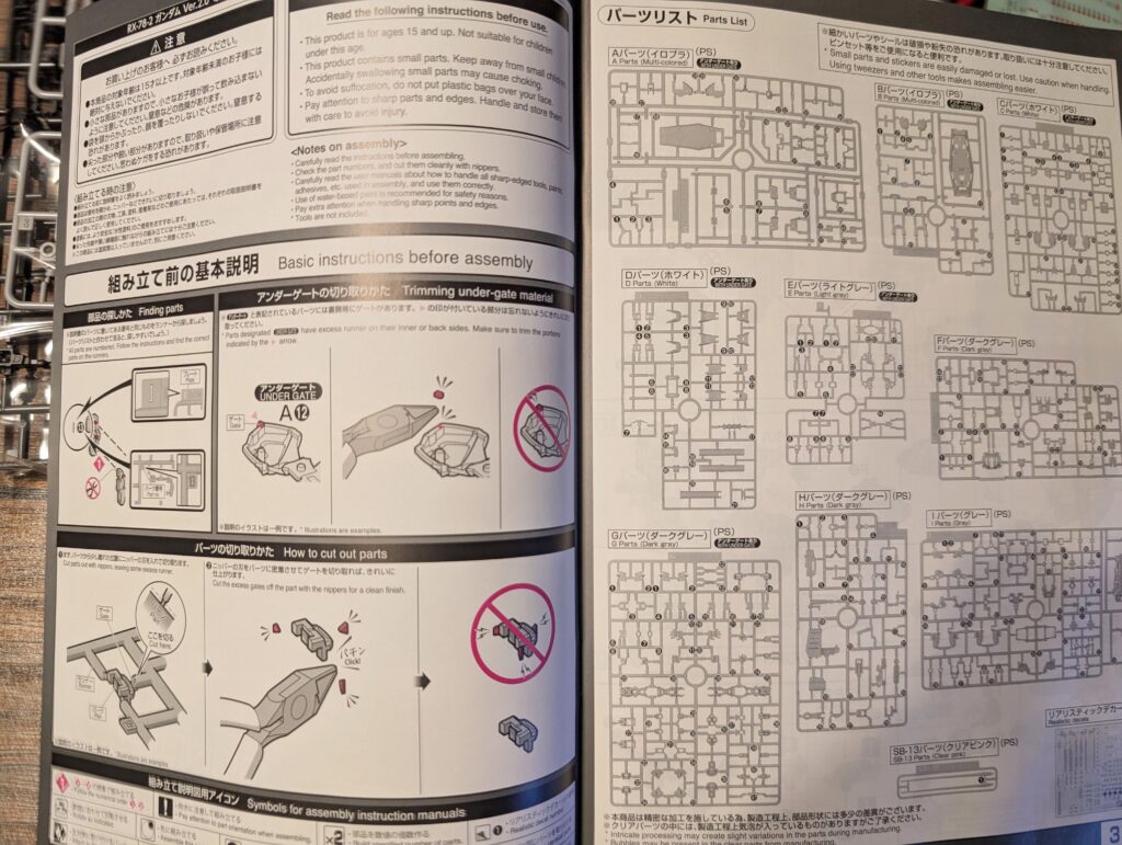 日本語と英語が併記されたRGガンプラ説明書