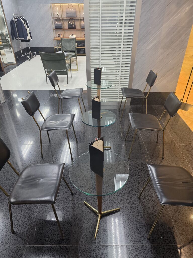 Table seating for two at the Thom Browne Bar