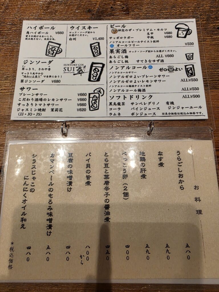 ハイボールやビールなどのドリンクと料理メニュー