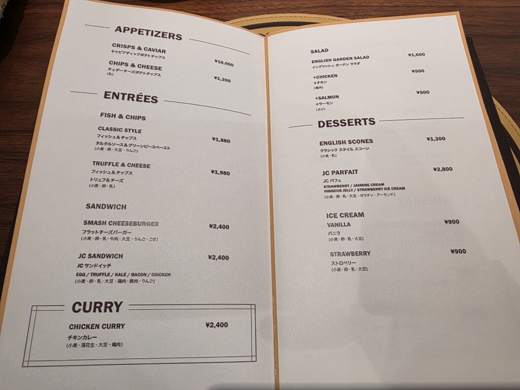 Food menu at Jimmy Choo Cafe including appetizers curry sandwiches salads and desserts